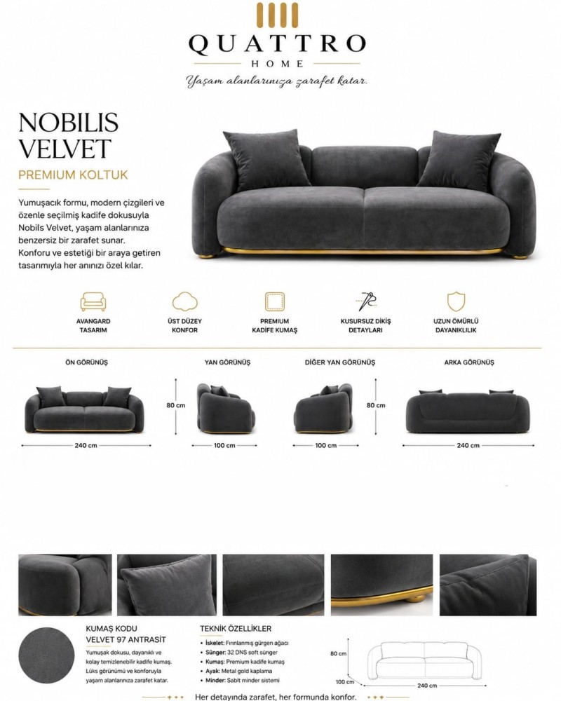 Quattro Home Nobilis Velvet Antrasit Kadife Premium Koltuk