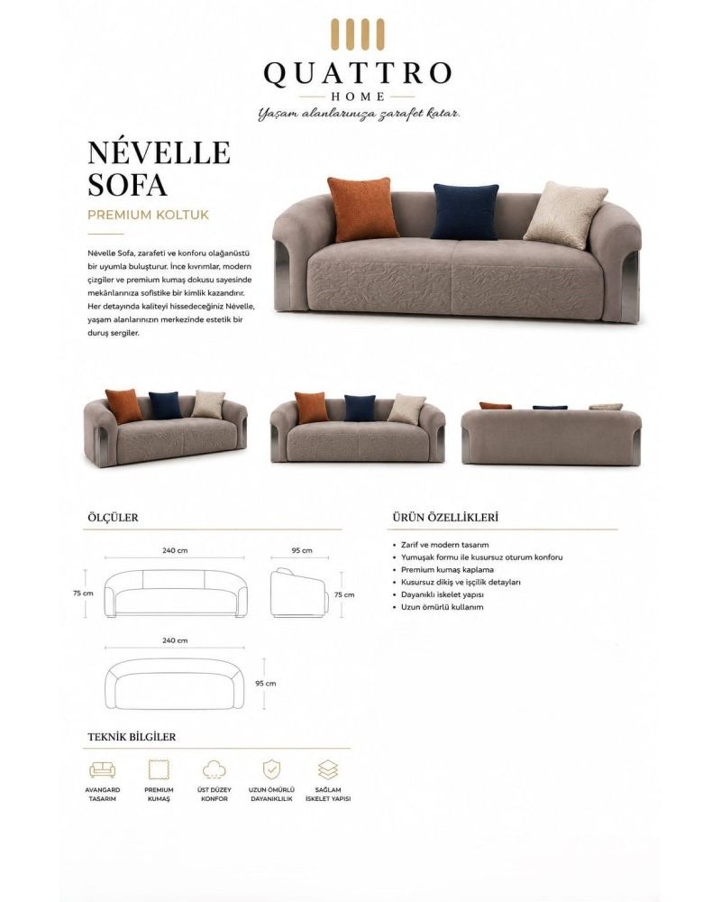 Névelle Sofa Vizon Premium Kumaşlı Modern Koltuk