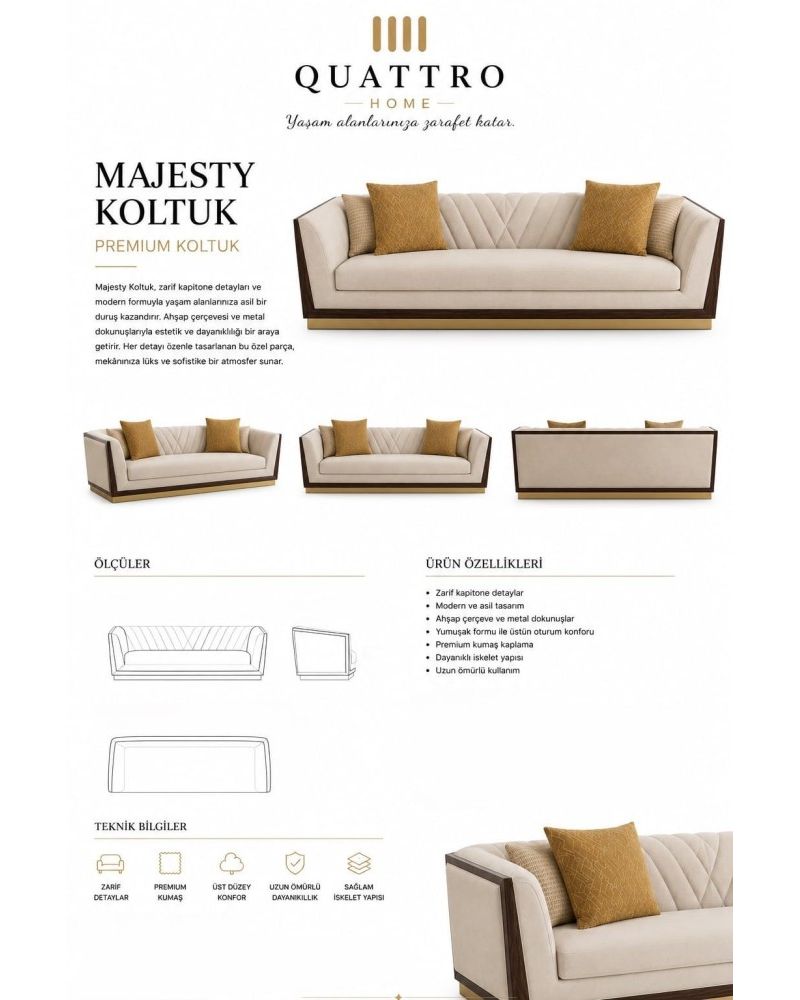Majesty Krem Ahşap Çerçeveli Kapitoneli Premium Koltuk