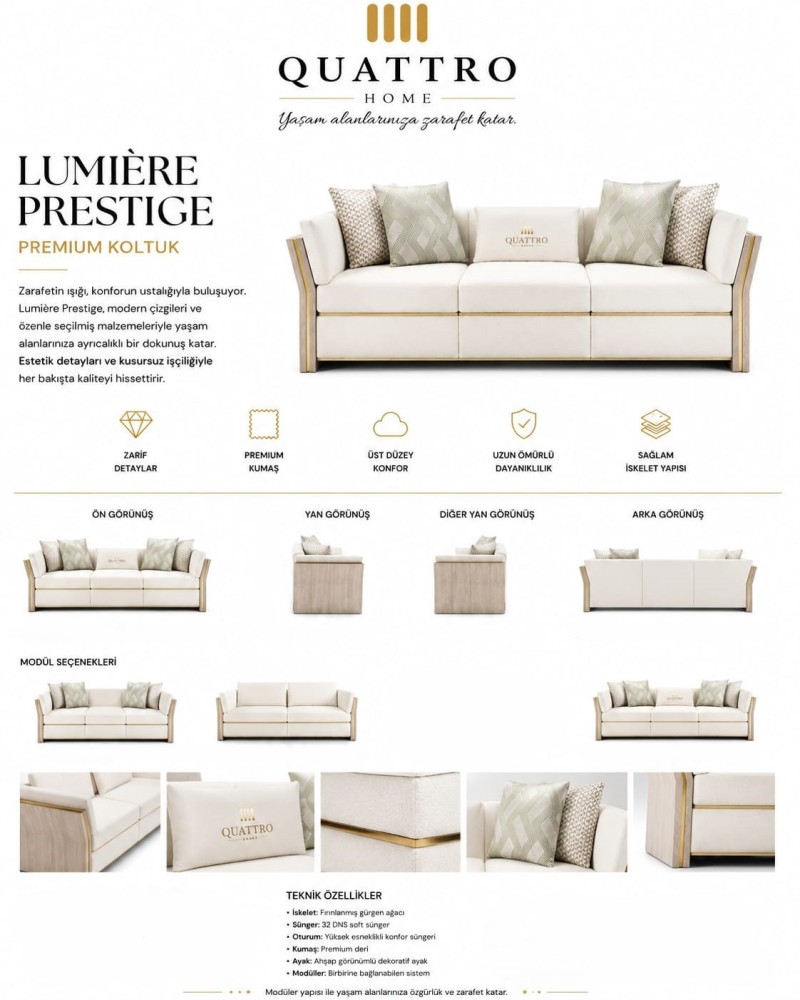 Lumière Prestige Krem Ahşap Yan Panelli Premium Koltuk