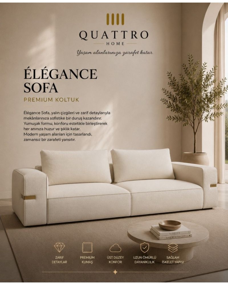 Élégance Sofa Krem Gold Detaylı Premium Koltuk