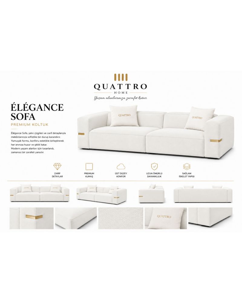 Élégance Sofa Krem Gold Detaylı Premium Koltuk