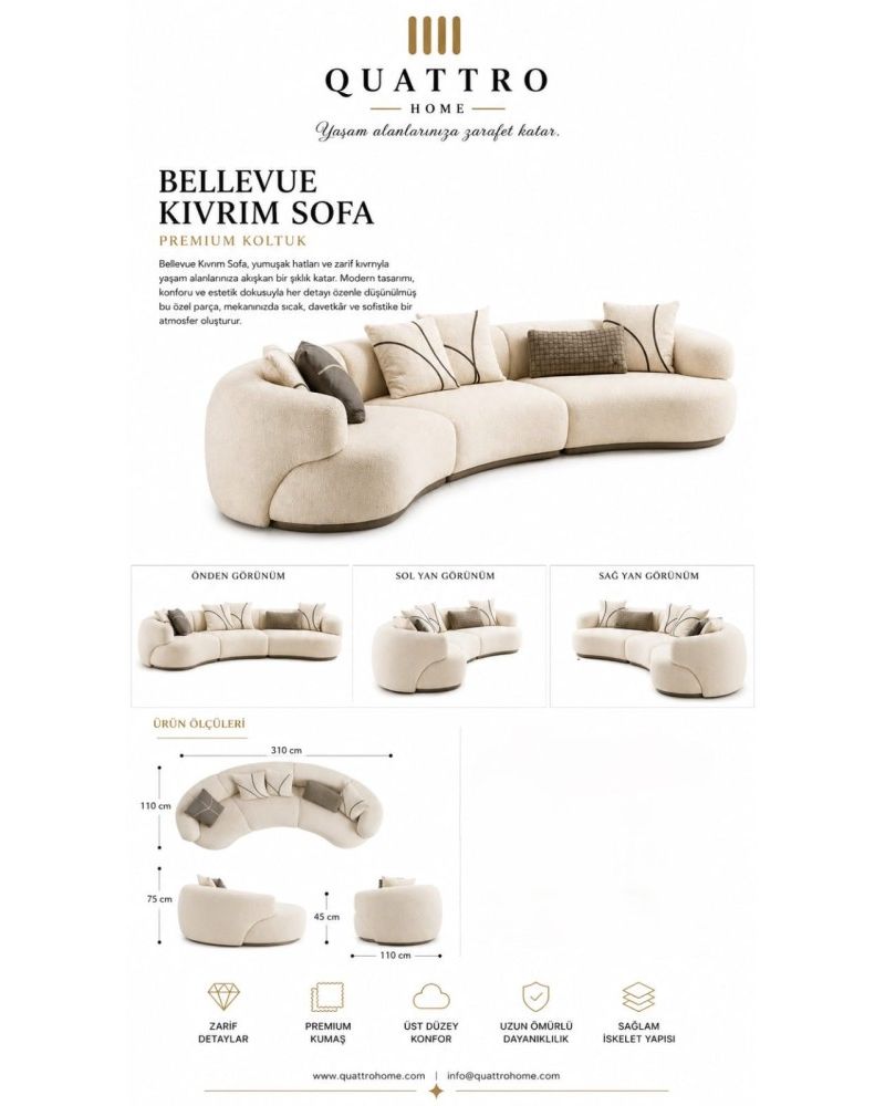 Quattro Home Bellevue Kıvrım Sofa Krem Modern Premium Koltuk