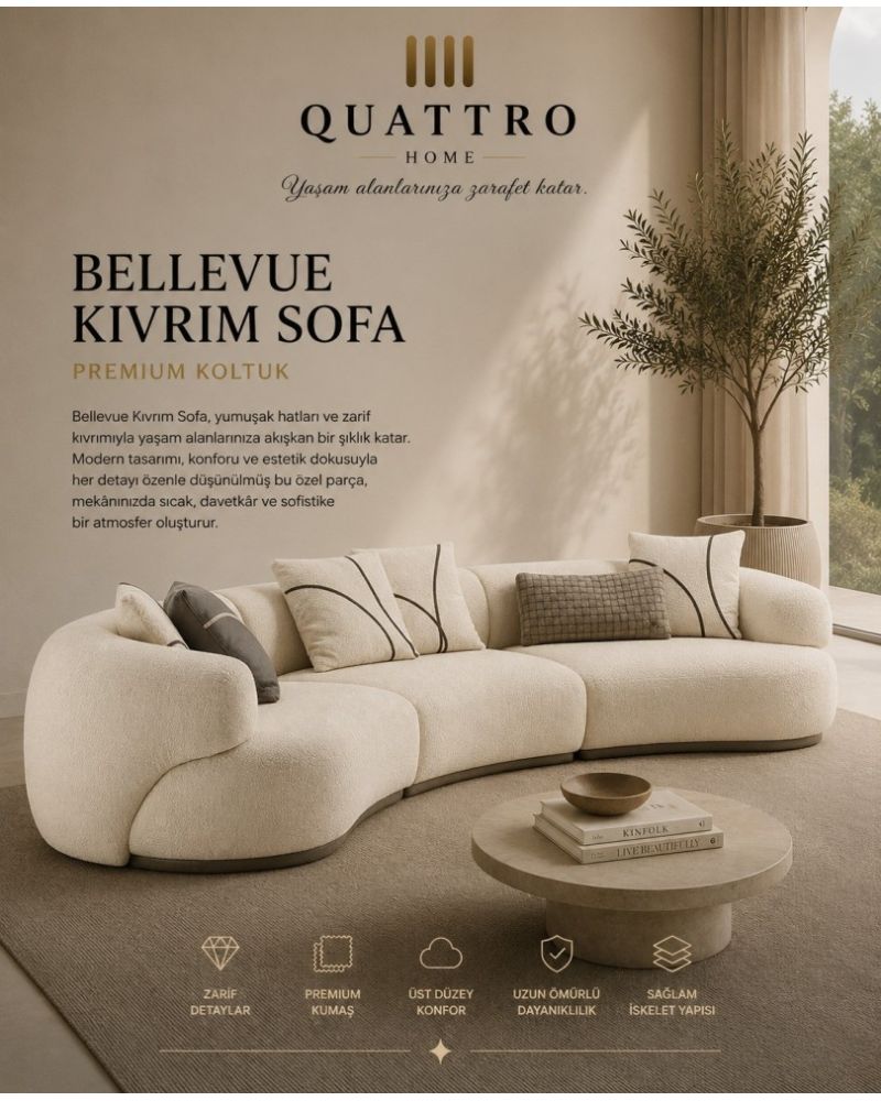 Bellevue Kıvrım Sofa Krem Modern Premium Koltuk
