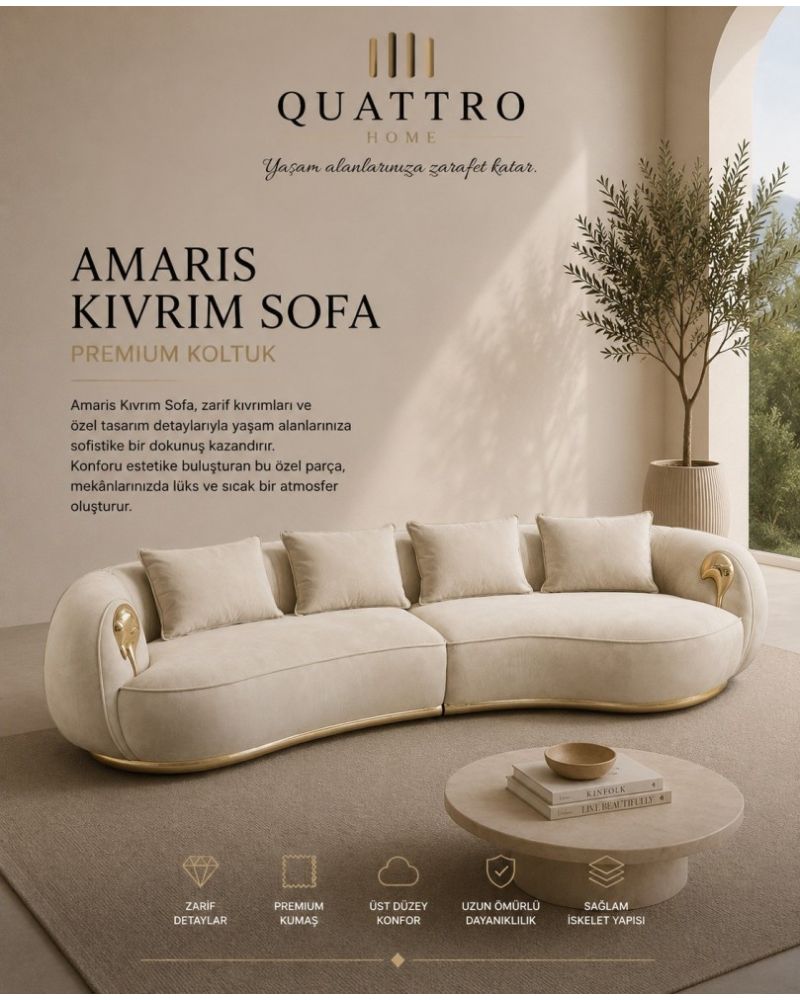 Quattro Home Amaris Kıvrım Sofa Krem Gold Detaylı Premium Koltuk