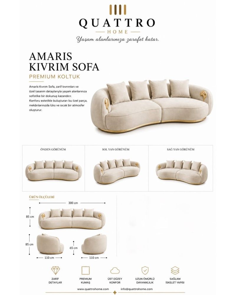 Amaris Kıvrım Sofa Krem Gold Detaylı Premium Koltuk