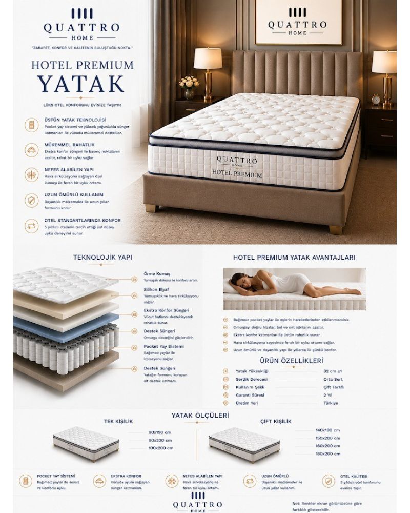Hotel Premium Yatak Ortopedik Pocket Yaylı Çift Taraflı Yatak 32 cm Otel Konforu