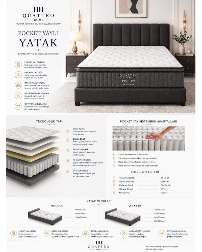 Pocket Premium Yatak Ortopedik Pocket Yaylı Çift Taraflı Yatak 28 cm Orta Sert