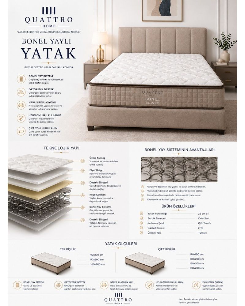 Bonel Classic Ortopedik Yatak Bonel Yaylı Çift Taraflı Yatak Orta Sert 22 cm