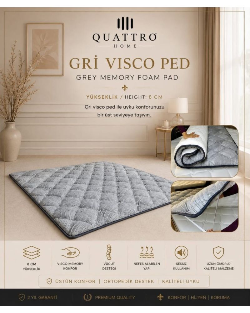 Gri Visco Ped 8 cm Memory Foam Yatak Pedi Ortopedik Visco Şilte Yatak Üstü Konfor Pedi