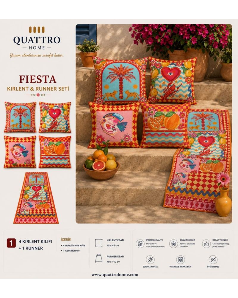Quattro Home Fiesta 4 Kırlent Kılıfı + 1 Runner Seti