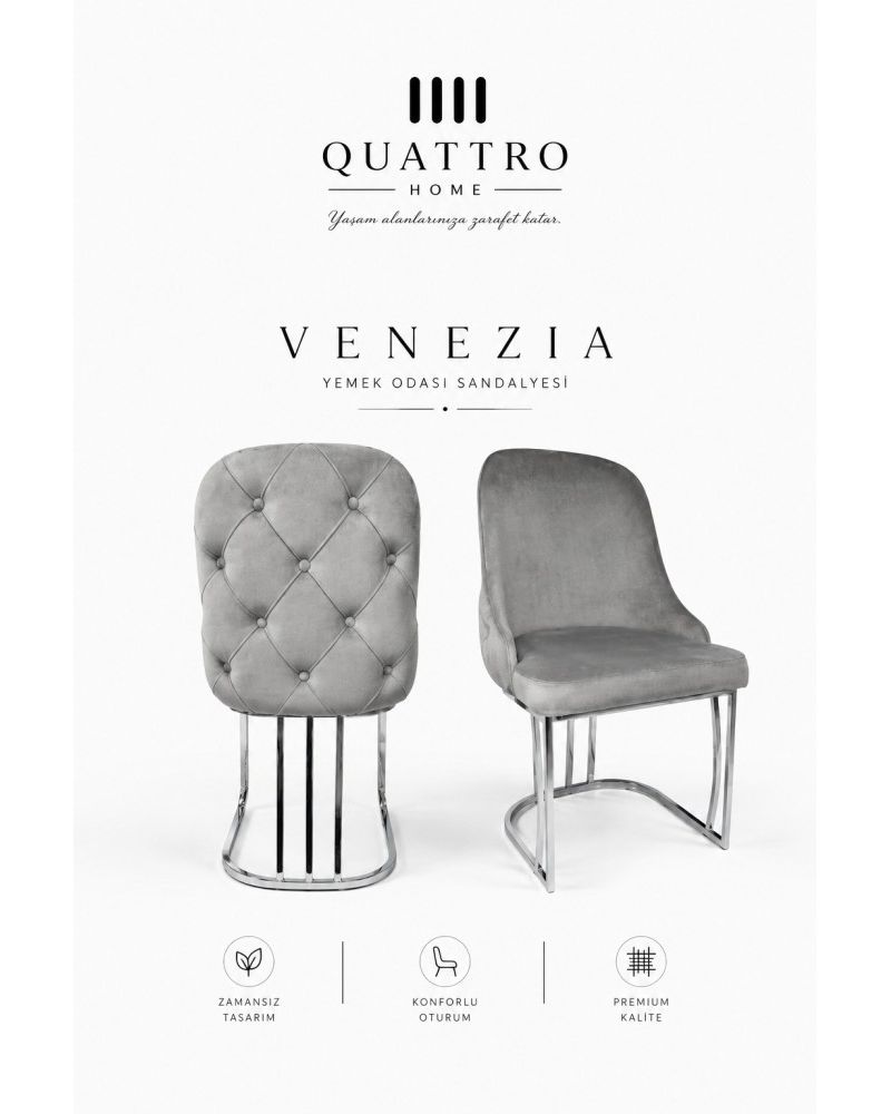 QUATTRO HOME Venezia Kapitoneli Krom Metal Ayaklı Yemek Odası Sandalyesi
