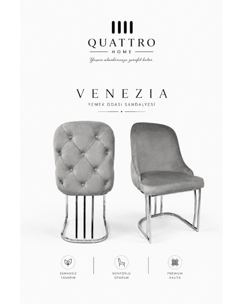 QUATTRO HOME Venezia Kapitoneli Krom Metal Ayaklı Yemek Odası Sandalyesi