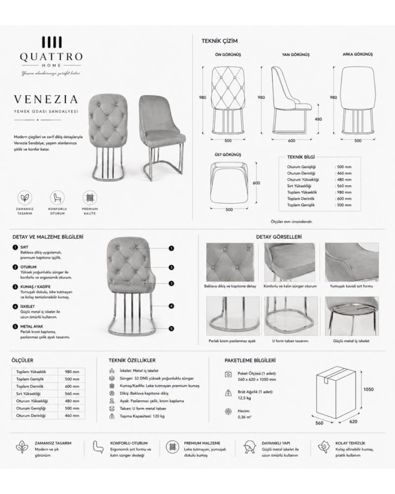 QUATTRO HOME Venezia Kapitoneli Krom Metal Ayaklı Yemek Odası Sandalyesi