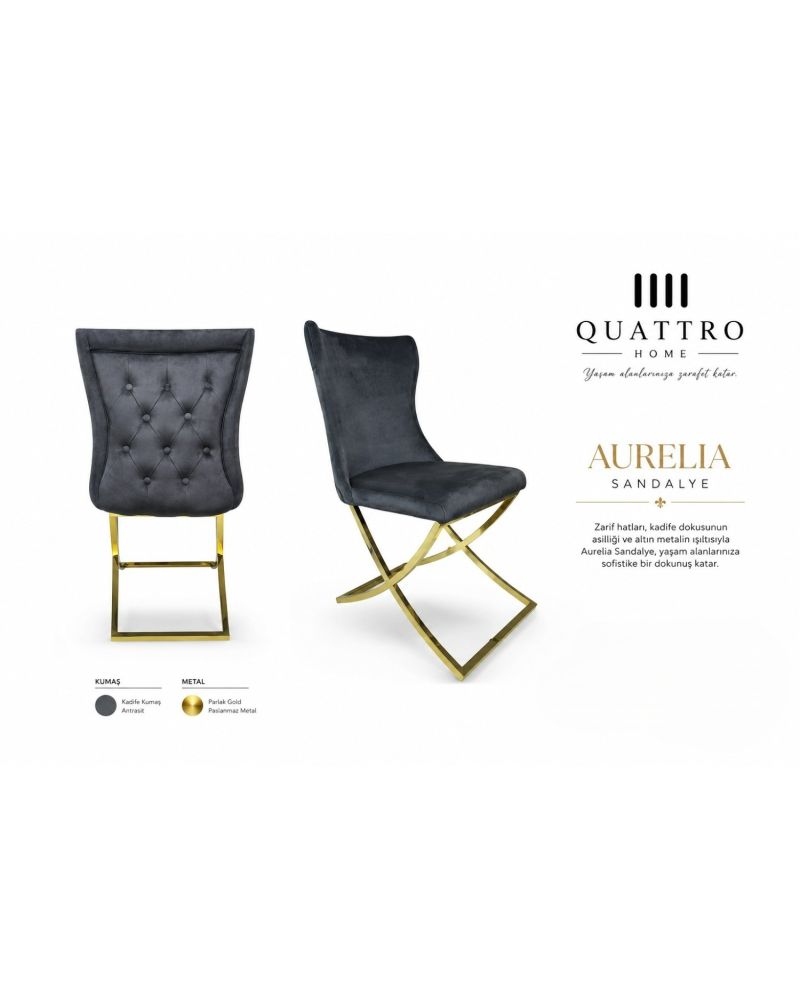 Aurelia Antrasit Kadife Gold Metal Ayaklı Sandalye