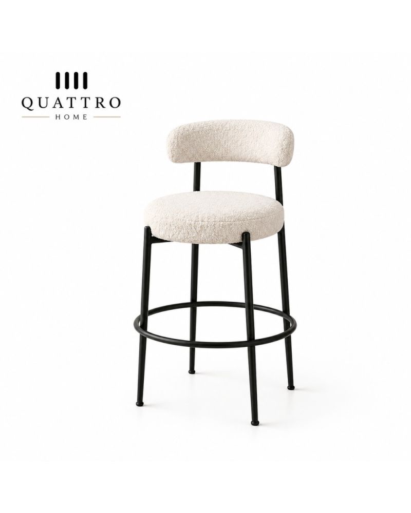 Curvello Krem Bouclé Döşemeli Siyah Metal Bar Sandalyesi