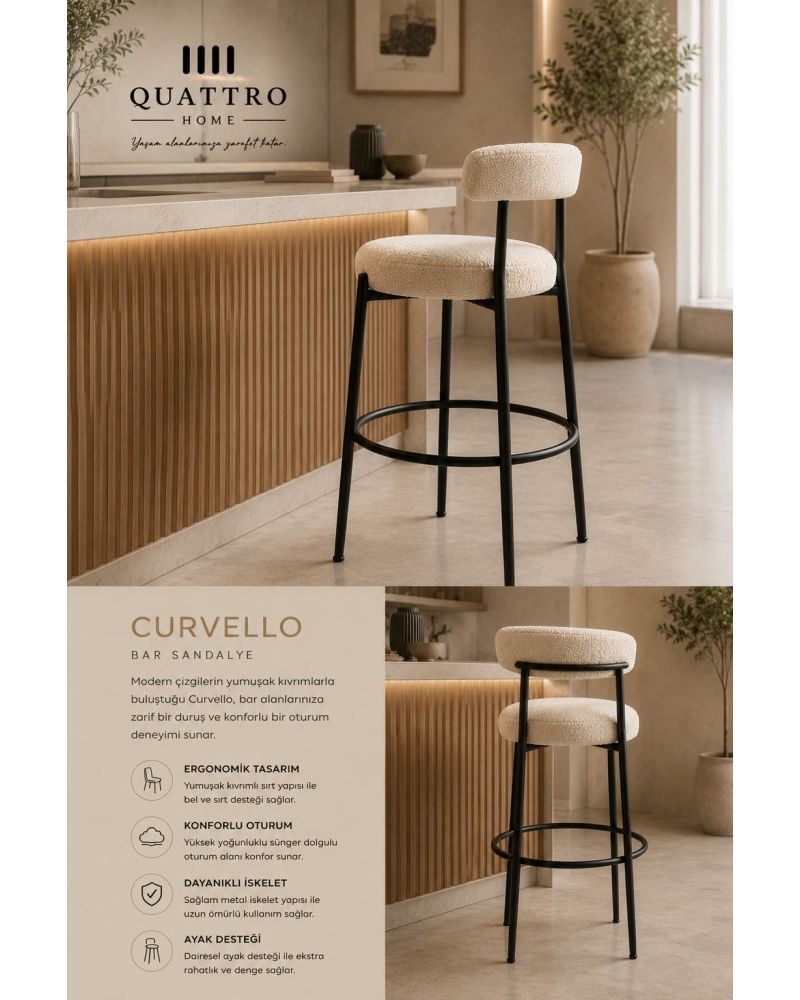 Curvello Krem Bouclé Döşemeli Siyah Metal Bar Sandalyesi