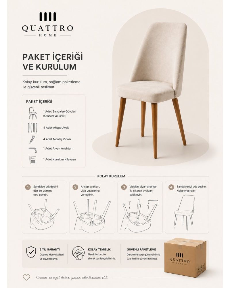 Norte Luna Krem Kumaş Döşemeli Ahşap Ayaklı Yemek Sandalyesi