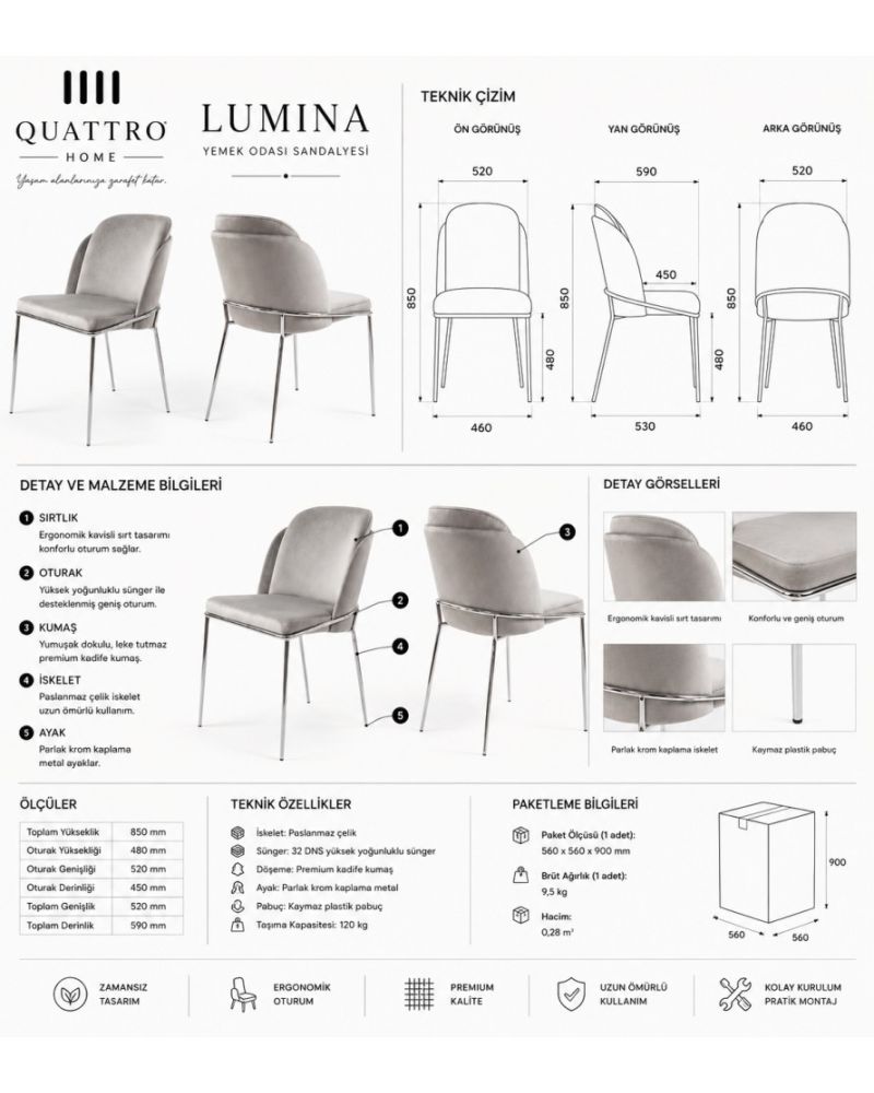 Lumina Gri Kadife Döşemeli Krom Metal Ayaklı Yemek Odası Sandalyesi