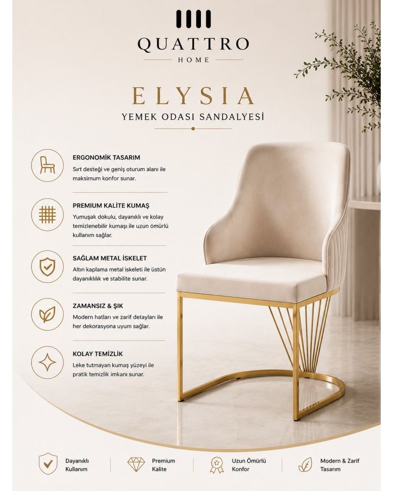 Elysia Krem Döşemeli Gold Metal Ayaklı Yemek Odası Sandalyesi
