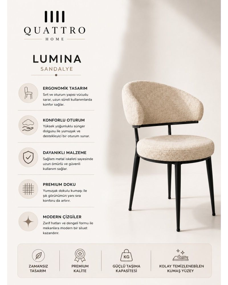 Lumina Krem Bouclé Döşemeli Siyah Metal Ayaklı Sandalye