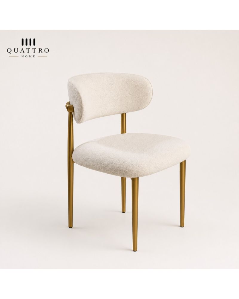Lumina Krem Bouclé Döşemeli Gold Metal Ayaklı Yemek Sandalyesi