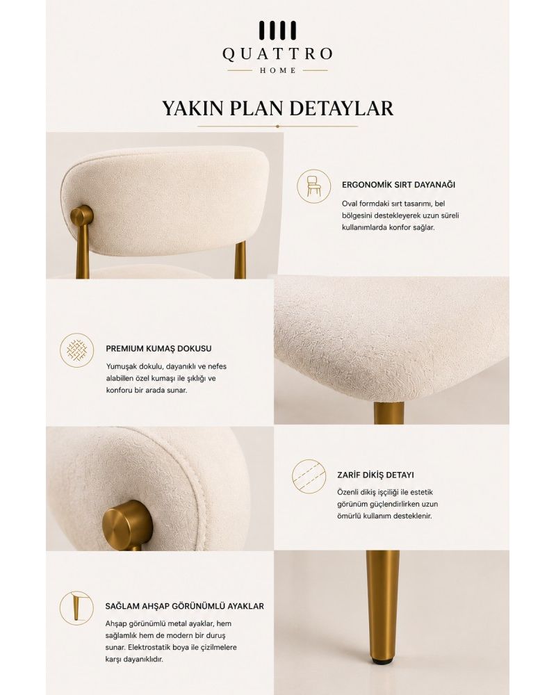 Lumina Krem Bouclé Döşemeli Gold Metal Ayaklı Yemek Sandalyesi