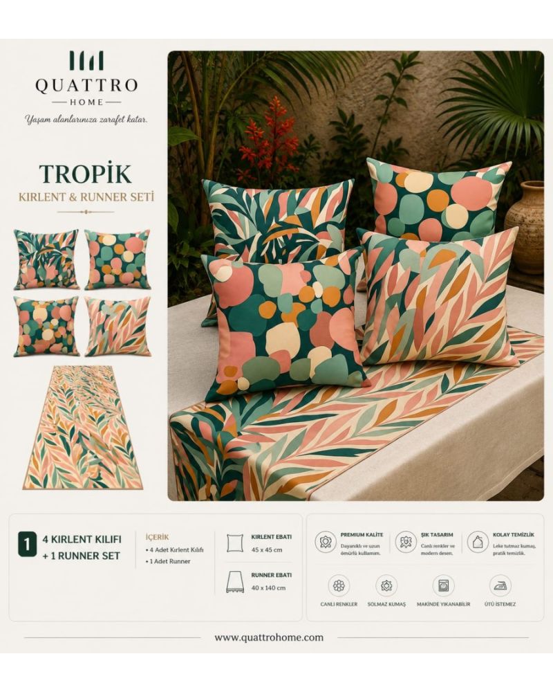 Quattro Home Tropik 4 Kırlent Kılıfı + 1 Runner Seti
