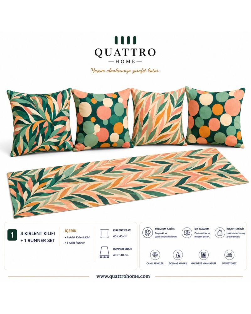 Quattro Home Tropik 4 Kırlent Kılıfı + 1 Runner Seti