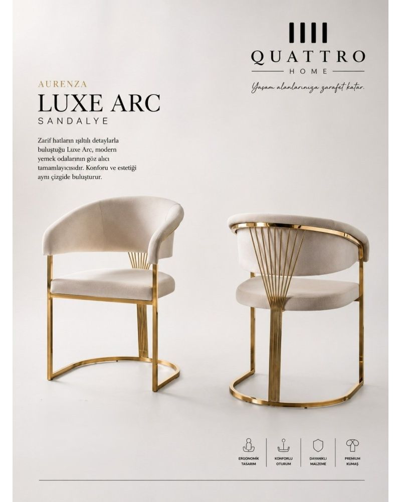 Aurenza Luxe Arc Krem Döşemeli Gold Metal Kollu Sandalye