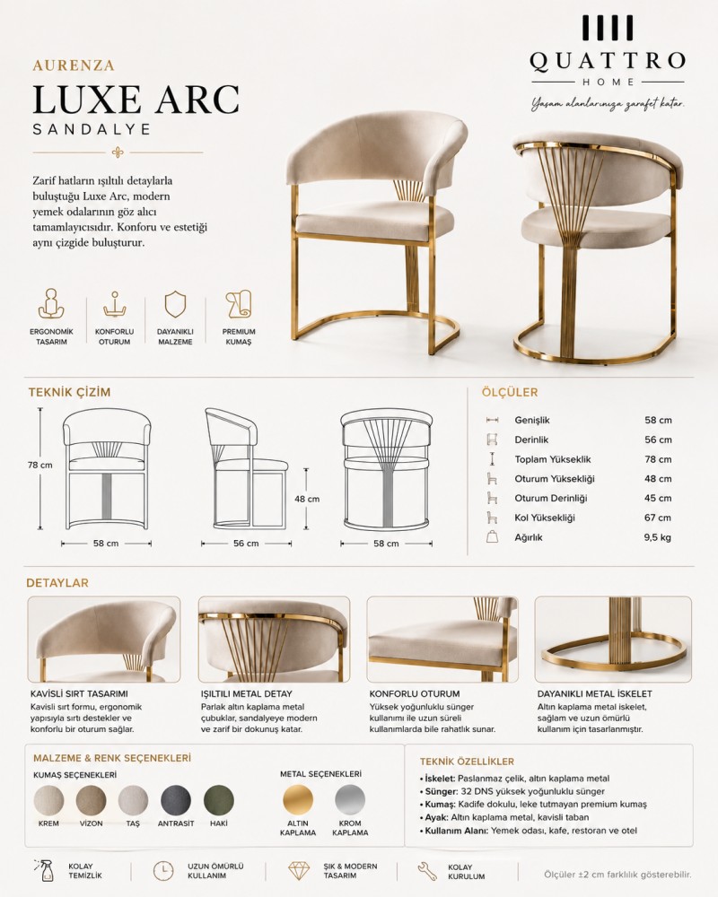 Aurenza Luxe Arc Krem Döşemeli Gold Metal Kollu Sandalye
