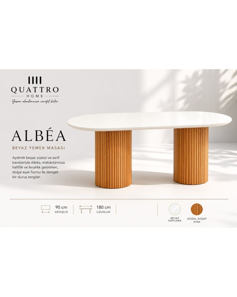 Albéa Beyaz Oval Yemek Masası – Doğal Ahşap Yivli Çift Ayaklı