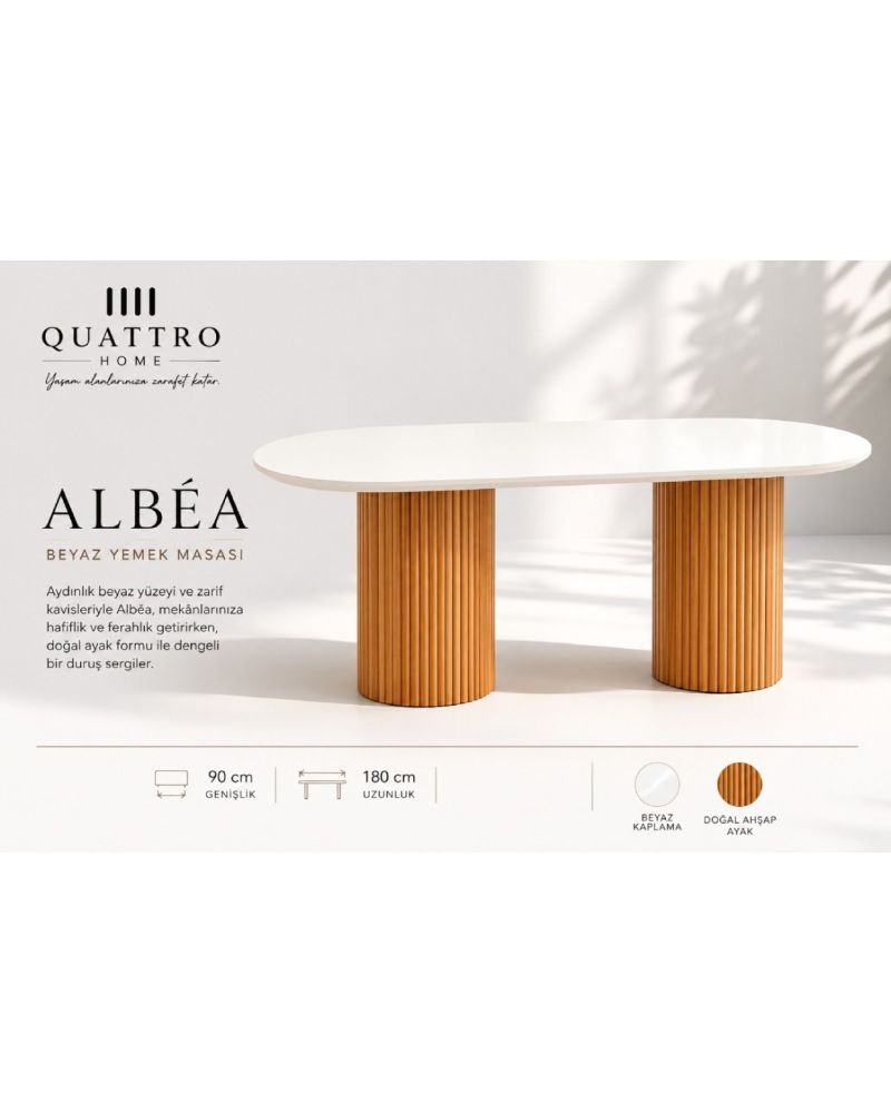 Albéa Beyaz Oval Yemek Masası – Doğal Ahşap Yivli Çift Ayaklı