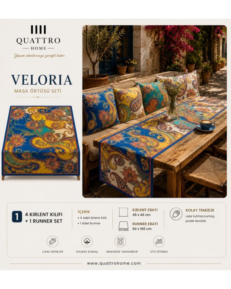 Quattro Home Veloria Masa Örtüsü Seti | 4 Kırlent Kılıfı + 1 Runner