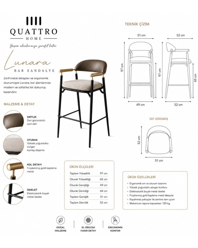 Lunara Metal Gövdeli Ergonomik Bar Sandalyesi