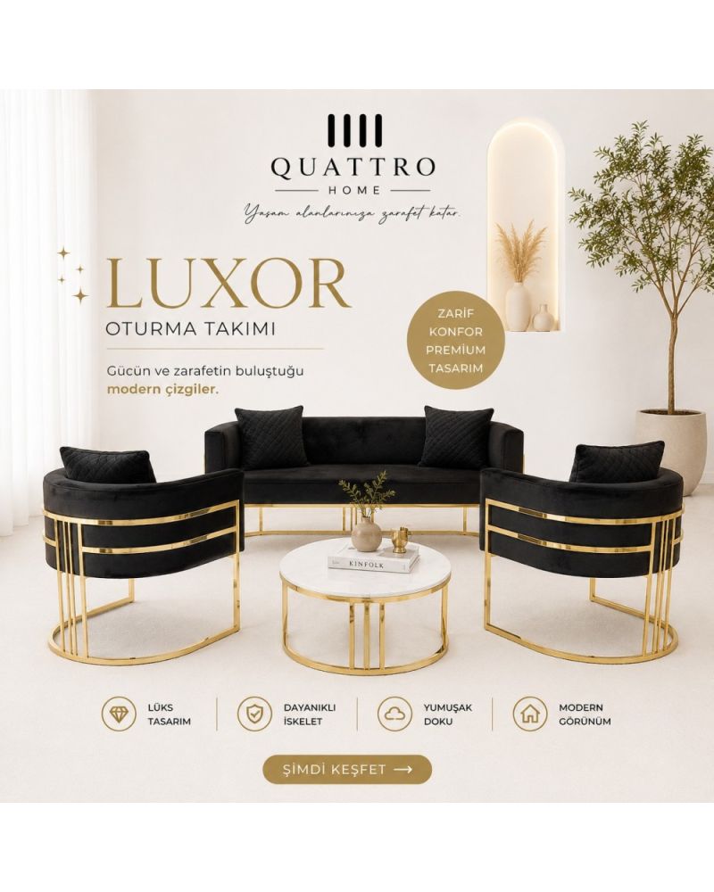 Luxor Oturma Takımı Siyah Gold Premium Tasarım 2+1+1