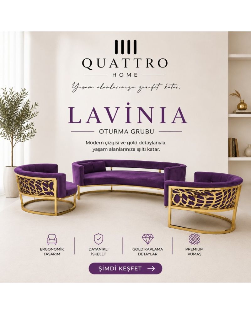 Lavinia Mor Gold Detaylı Oturma Grubu - Premium Kumaş Modern Salon Takımı
