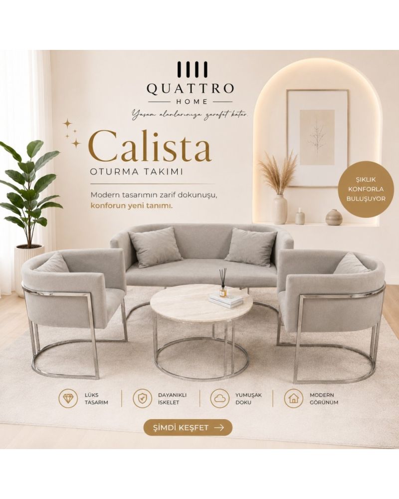 Calista Oturma Takımı Krem Modern Tasarım 2+1+1