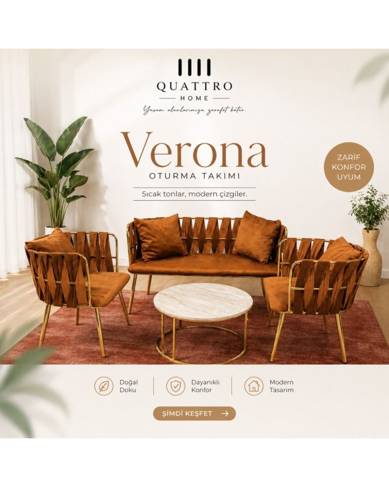 Verona Oturma Takımı Taba Gold Modern Tasarım 2+1+1