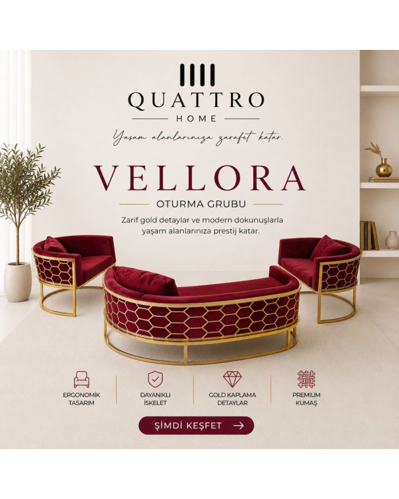 Vellora Bordo Gold Detaylı Oturma Grubu - Premium Kumaş Modern Salon Takımı