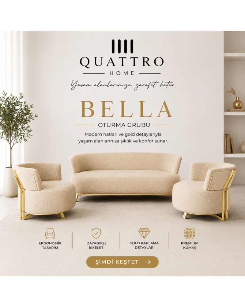 Bella Oturma Grubu Krem Gold Detaylı Premium Kumaş 2+1+1