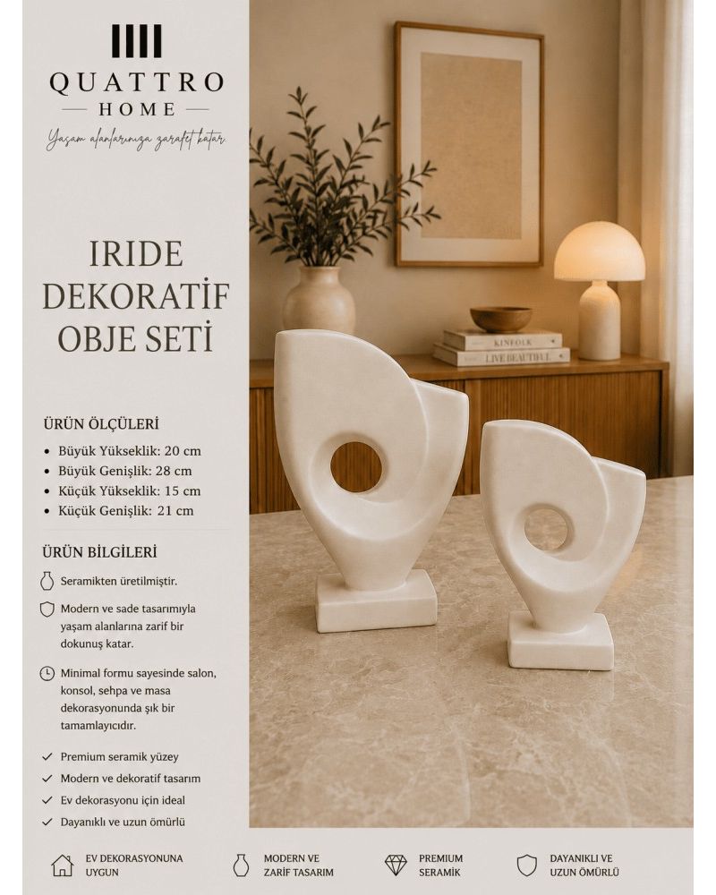 Iride 2’li Beyaz Seramik Dekoratif Obje Seti – Modern Heykelsi Tasarım