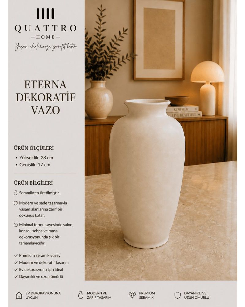 Eterna Beyaz Klasik Form Seramik Dekoratif Vazo – Modern Salon ve Konsol Aksesuarı