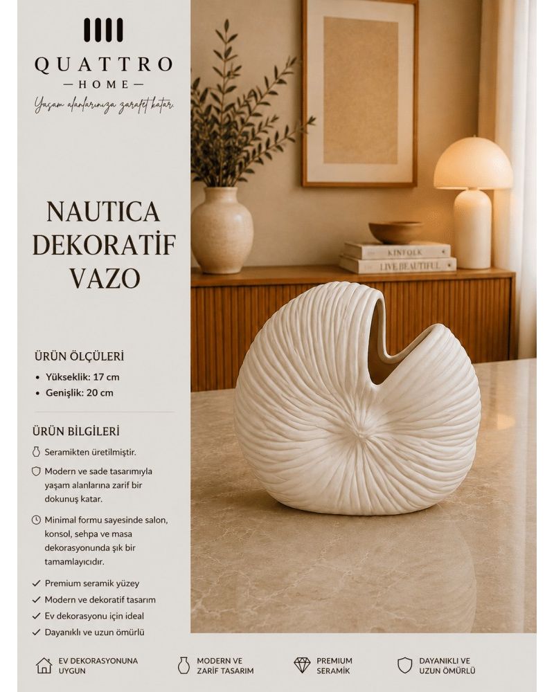 Nautica Beyaz Deniz Kabuğu Formlu Seramik Dekoratif Vazo  – Modern Masa Objesi