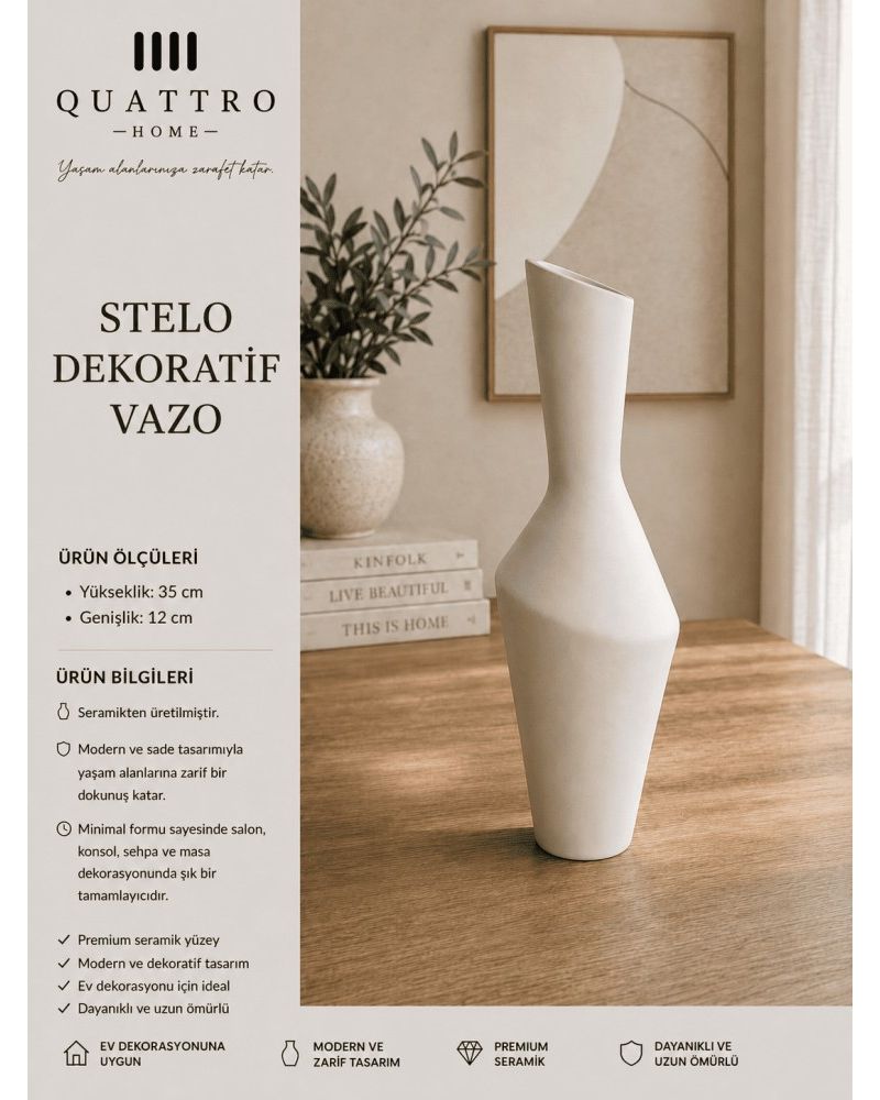 Stelo Beyaz Asimetrik Seramik Dekoratif Vazo – Uzun Modern Salon Objesi