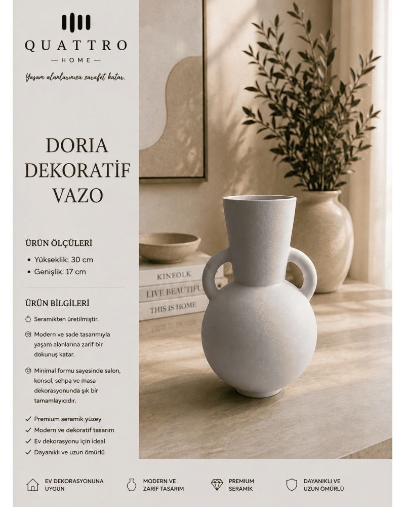Doria Beyaz Çift Kulplu Seramik Dekoratif Vazo – Modern Amfora Form Salon Aksesuarı