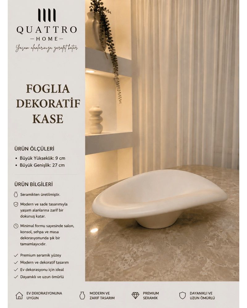 Foglia Beyaz Yaprak Formlu Ayaklı Seramik Dekoratif Kase – Modern Masa Aksesuarı