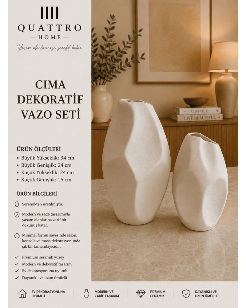 Cima 2’li Beyaz Asimetrik Seramik Dekoratif Vazo Seti