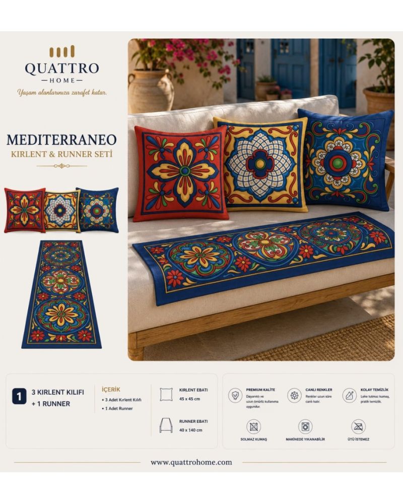 Quattro Home Mediterraneo 3 Kırlent Kılıfı + 1 Runner Seti