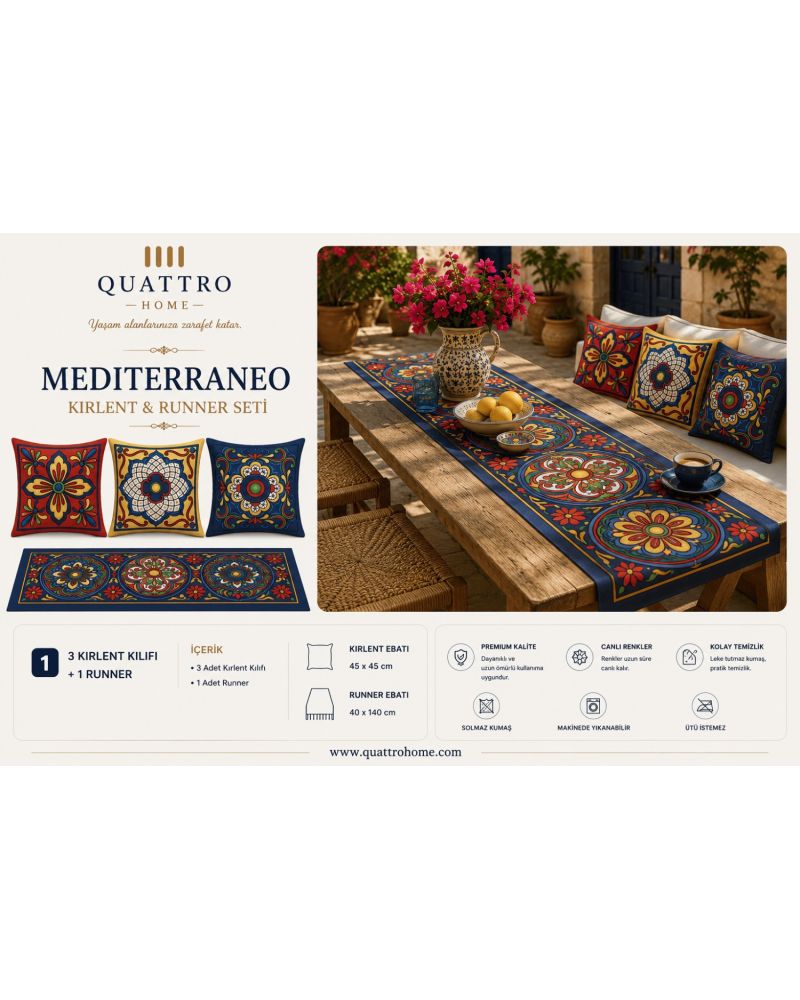 Quattro Home Mediterraneo 3 Kırlent Kılıfı + 1 Runner Seti